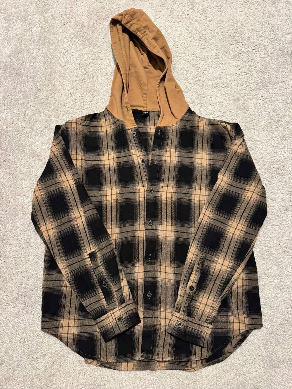 SHEIN Black and Brown Plaid Hooded Shacket
